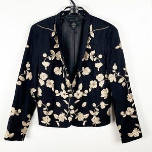 SILK LAND 100% Silk Black Gold Floral Lined Long Sleeves Blazer, Size Small